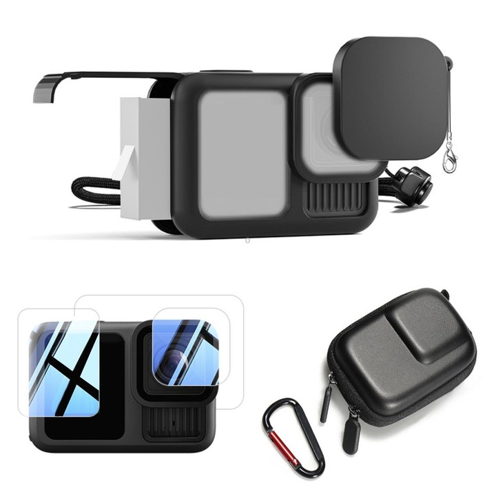 For GoPro HERO13 Black Silicone Case with Lens Cap + 2 Sets Tempered Glass Film + Battery Side Cover + Storage Bag Set