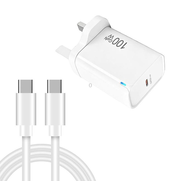 TE-PD46 GaN 100W PD 45W Fully Compatible Charger with Type-C to Type-C Data Cable，UK Plug(White)