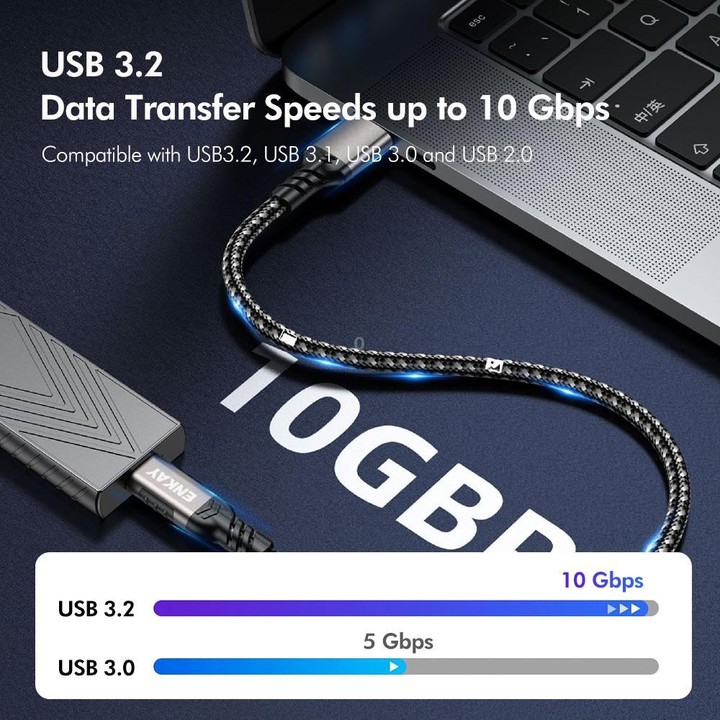 ENKAY ENK-CB189 USB 3.2 A to Type-C 60W Fast Charging Cable 10Gbps Super Speed Data Transfer, Length:2m(Blue Grey)