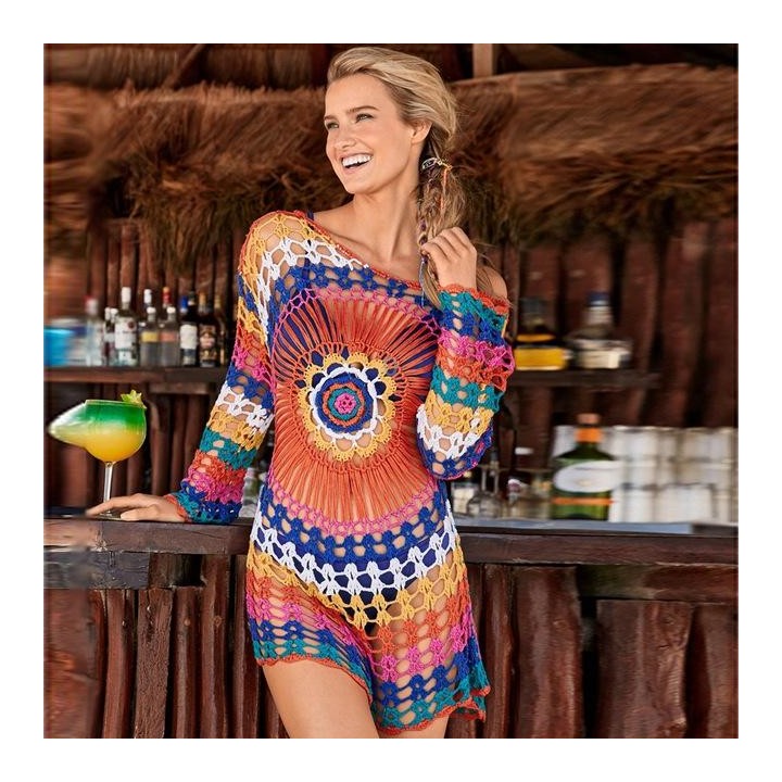 Women Beach Out Of Dresses And Tunic Beachwear By Knits Rainbow Knitting Hollow Overall(One Size)