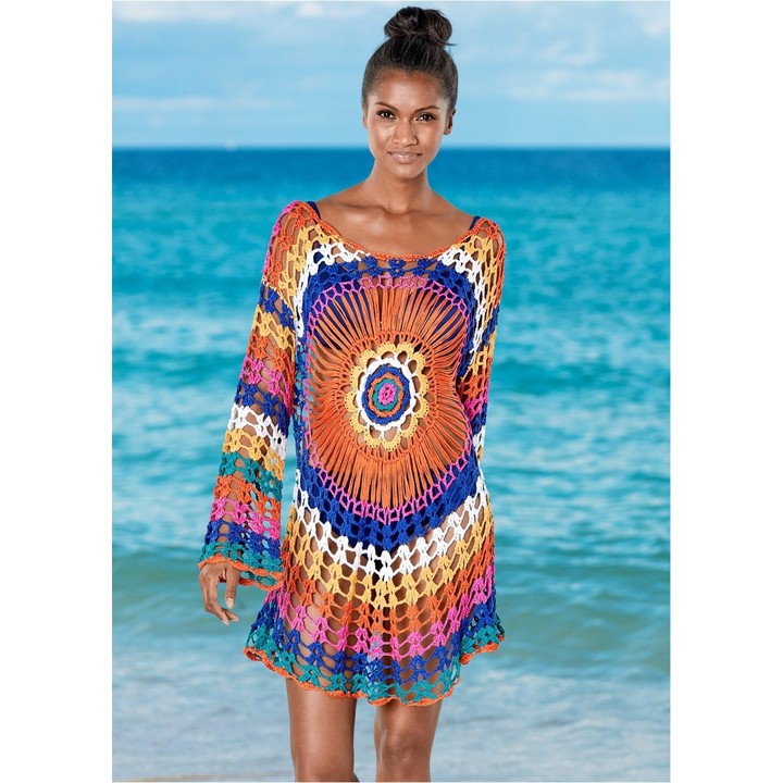 Women Beach Out Of Dresses And Tunic Beachwear By Knits Rainbow Knitting Hollow Overall(One Size)