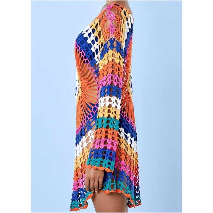 Women Beach Out Of Dresses And Tunic Beachwear By Knits Rainbow Knitting Hollow Overall(One Size)