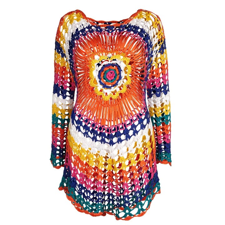 Women Beach Out Of Dresses And Tunic Beachwear By Knits Rainbow Knitting Hollow Overall(One Size)