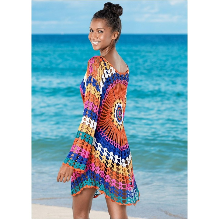 Women Beach Out Of Dresses And Tunic Beachwear By Knits Rainbow Knitting Hollow Overall(One Size)