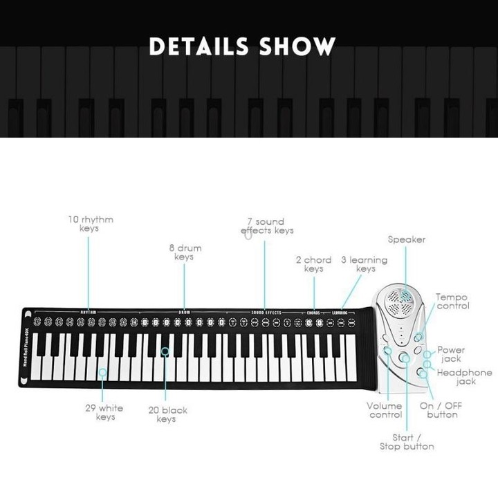 49-Key Portable Hand-Rolled Piano With Horn Children Beginners To Practice Electronic Piano(Elegant Black)