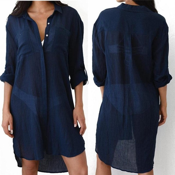 Beach Cover Up Robe Pocket Swimsuit Cover Up Sarong Beach Shirt Tops Bathing Suit Women Beachwear Pareo Tunic, Size:One Size(Bla