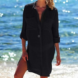 Beach Cover Up Robe Pocket Swimsuit Cover Up Sarong Beach Shirt Tops Bathing Suit Women Beachwear Pareo Tunic, Size:One Size(Bla