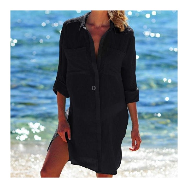 Beach Cover Up Robe Pocket Swimsuit Cover Up Sarong Beach Shirt Tops Bathing Suit Women Beachwear Pareo Tunic, Size:One Size(Bla