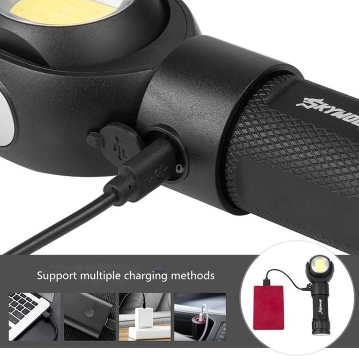 SKYWOLFEYE Lamp Head 360 Degree Rotation USB Rechargeable LED Glare Flashlight With Magnet COB Work Light, Style:With An 26650 B