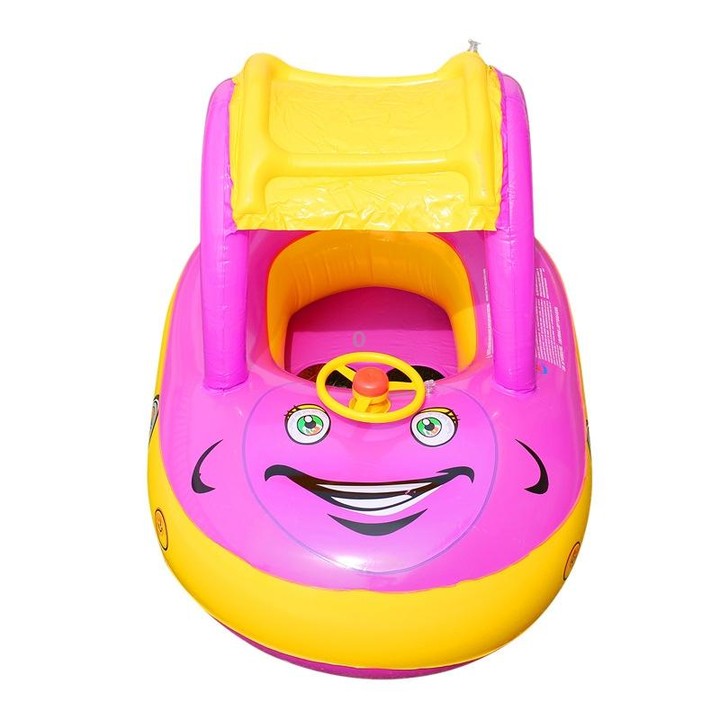 Sunshade and Sunscreen Baby Swimming Ring Car Boat Shape Inflatable Swimming Ring with Horn(Purple+Yellow)