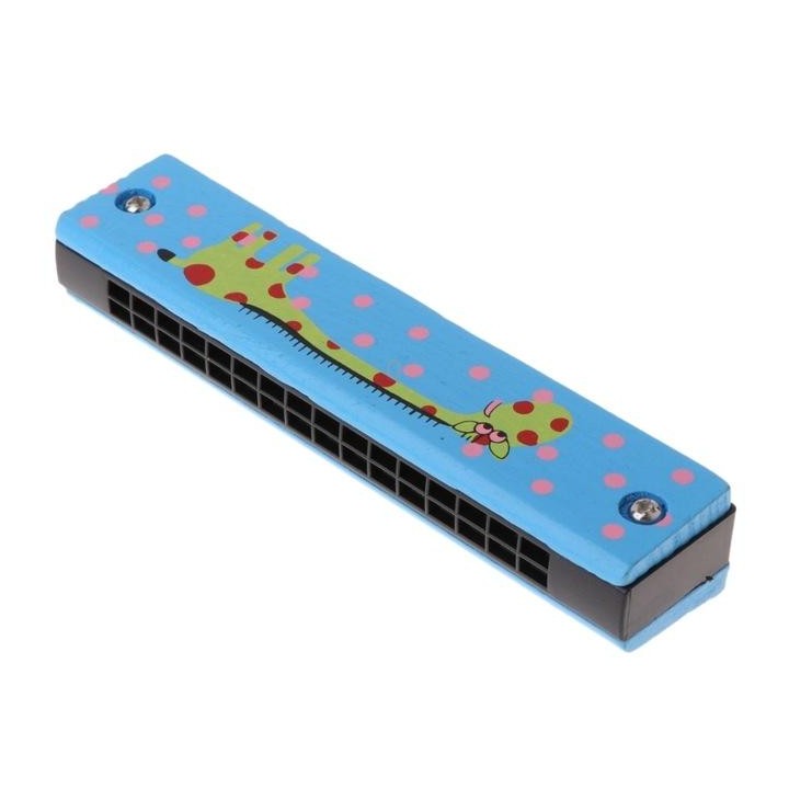 Wooden 16-holes Double-row Harmonica for Beginners, Color:Blue giraffe