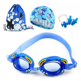 4 in 1 Cartoon Little Crab Waterproof and Anti-fog Silicone Swimming Goggles + Printed Pattern Swimming Cap + Nose Clip Earplugs
