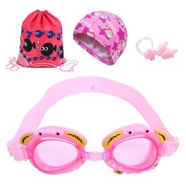 4 in 1 Cartoon Little Crab Waterproof and Anti-fog Silicone Swimming Goggles + Printed Pattern Swimming Cap + Nose Clip Earplugs