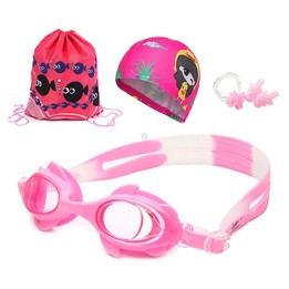 4 in 1 Cartoon Little Crab Waterproof and Anti-fog Silicone Swimming Goggles + Printed Pattern Swimming Cap + Nose Clip Earplugs