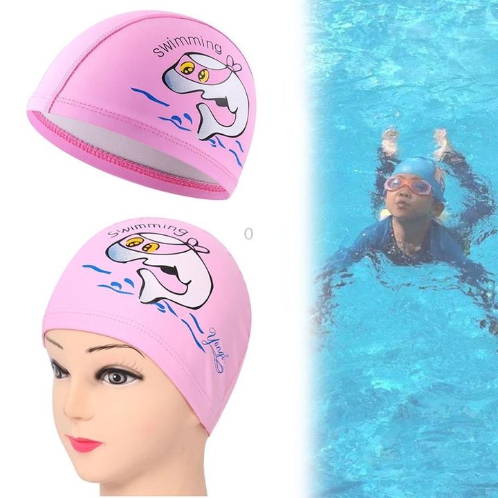 Children Swimming Cap PU Printed Cute Dolphin Pattern Elastic Swimming Cap(Pink)