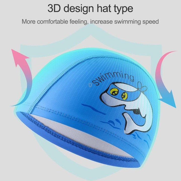 Children Swimming Cap PU Printed Cute Dolphin Pattern Elastic Swimming Cap(Sky Blue)
