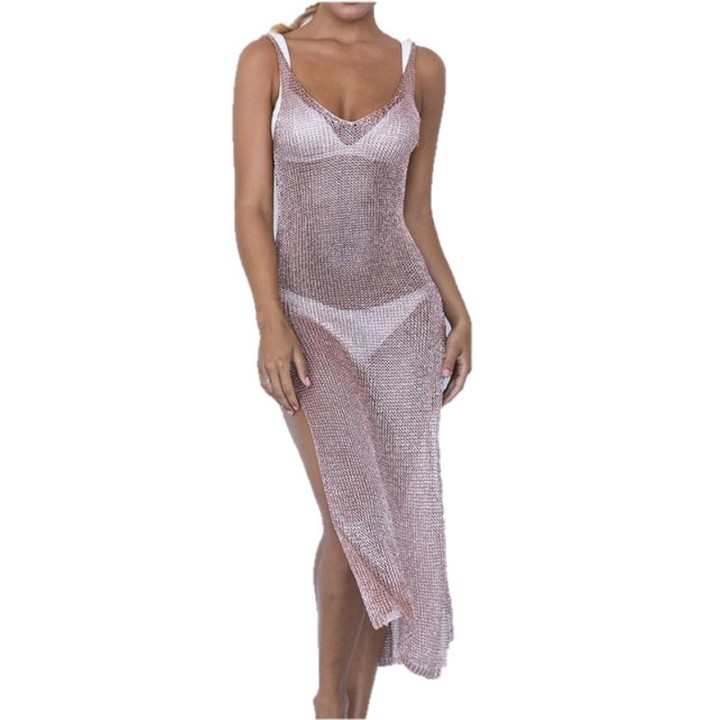 Sexy Perspective Mesh Gauze Strap Dress Swimsuit Cover-up, Size:L(Silver)