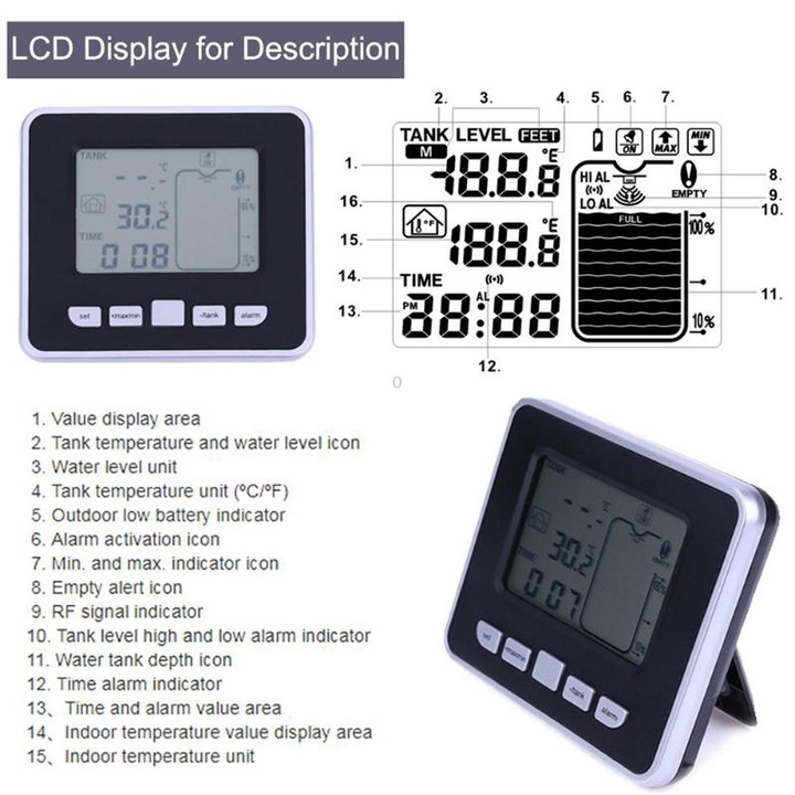 TS-FT002 Multifunctional Ultrasonic Electronic Water Tank Level Gauge With Indoor Temperature Thermometer Clock Display Water Le