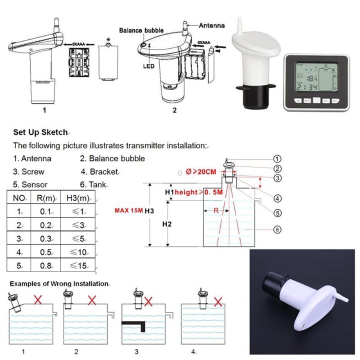 TS-FT002 Multifunctional Ultrasonic Electronic Water Tank Level Gauge With Indoor Temperature Thermometer Clock Display Water Le