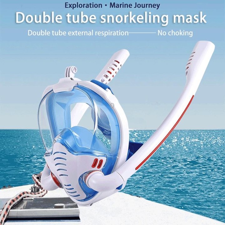 Snorkeling Mask Double Tube Silicone Full Dry Diving Mask Adult Swimming Mask Diving Goggles, Size: S/M(White/Blue)