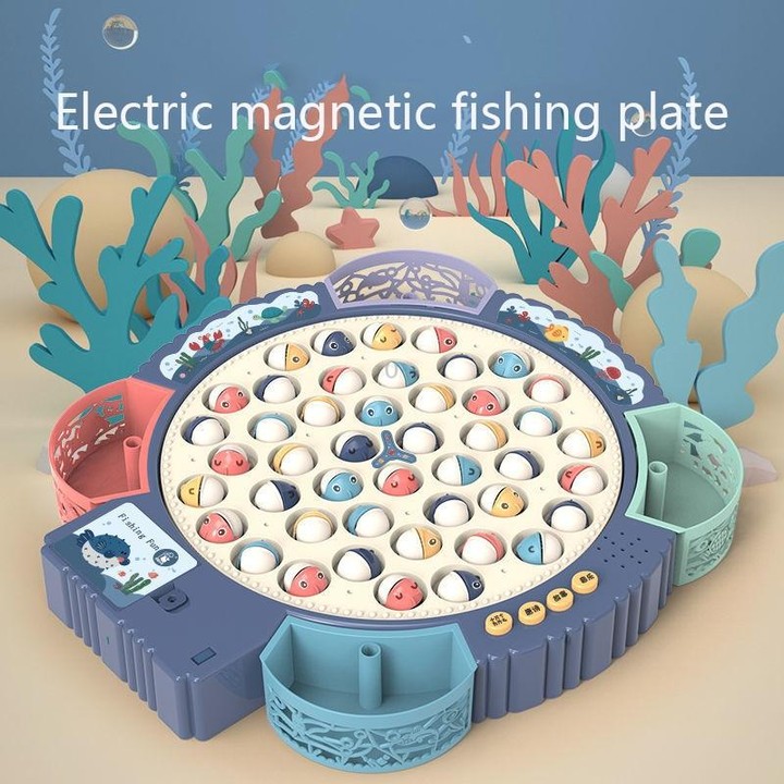 Magnetic Fishing Toy Children Educational Multifunctional Music Rotating Fishing Plate, Colour: Blue Battery Style+15 Fish 4 Rod