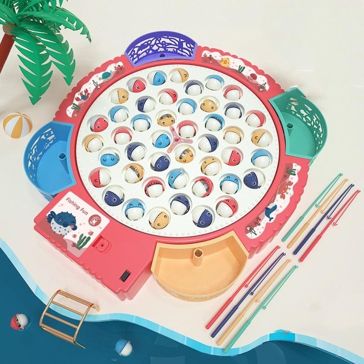 Magnetic Fishing Toy Children Educational Multifunctional Music Rotating Fishing Plate, Colour: Pink Battery Style+45 Fish 4 Rod