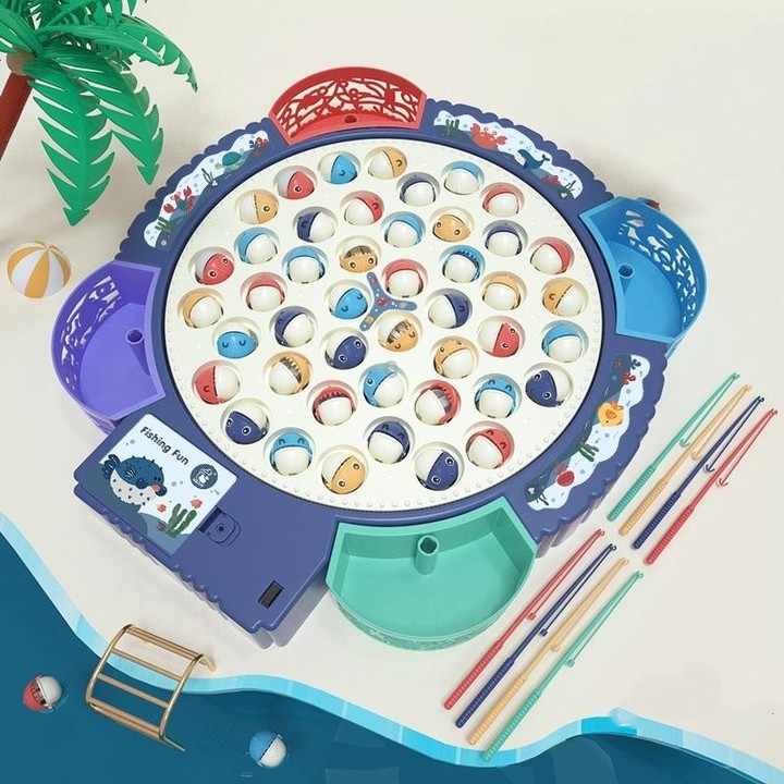 Magnetic Fishing Toy Children Educational Multifunctional Music Rotating Fishing Plate, Colour: Blue Battery Style+45 Fish 4 Rod