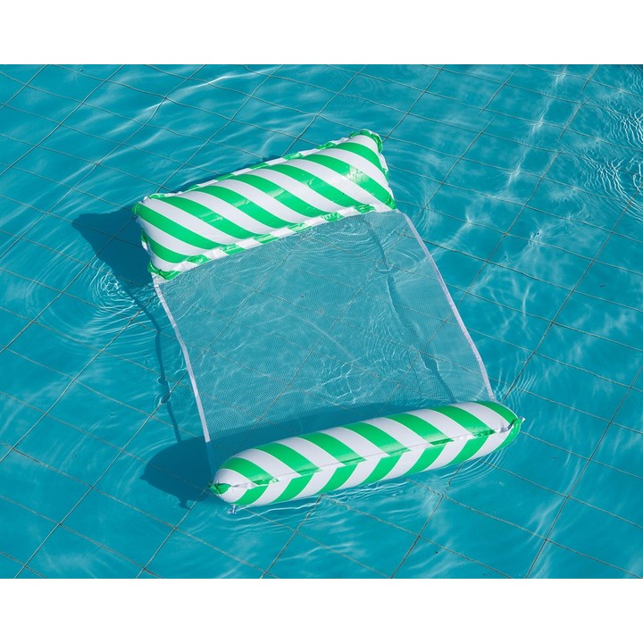 Inflatable Recliner On Water Foldable Backrest Floating Bed Inflatable Floating Row, Style： Diagonal Stripes (Green)