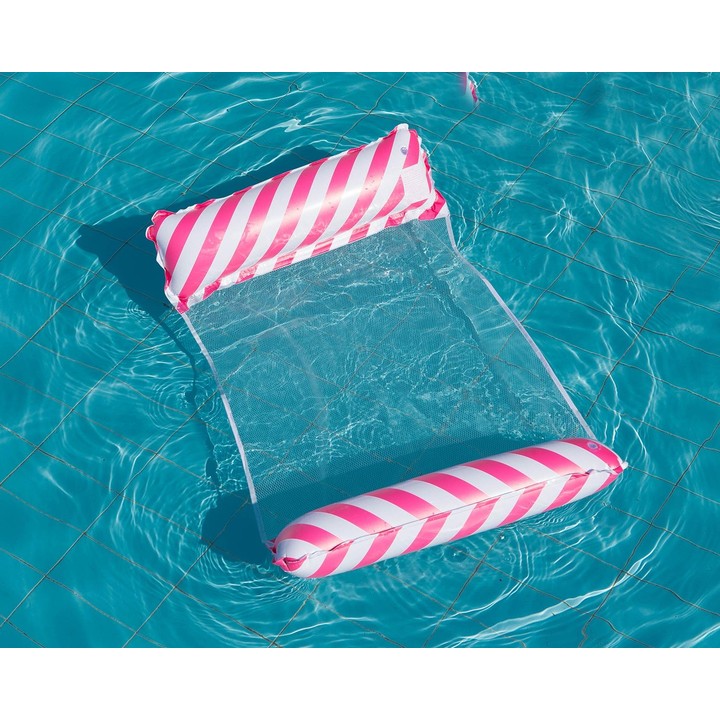 Inflatable Recliner On Water Foldable Backrest Floating Bed Inflatable Floating Row, Style： Diagonal Stripes (Rose Red)