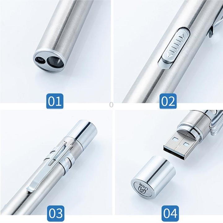 Flashlight Pupil Pen Light Yellow White Dual Light Source Dental Light LED Stainless Steel Morning Inspection Light(Silver)