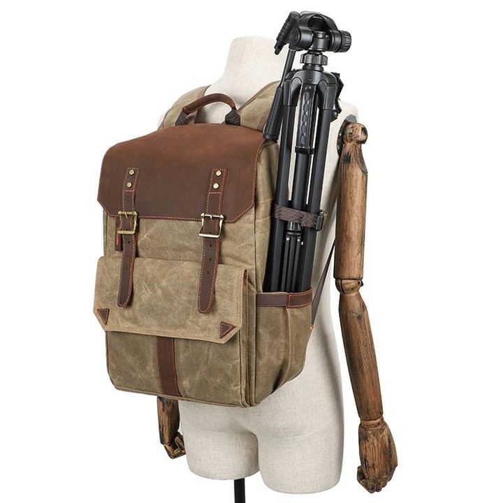 K-011 Outdoor Shoulder Digital Camera Bag Batik Canvas Waterproof Large-Capacity Photography Backpack(Khaki)