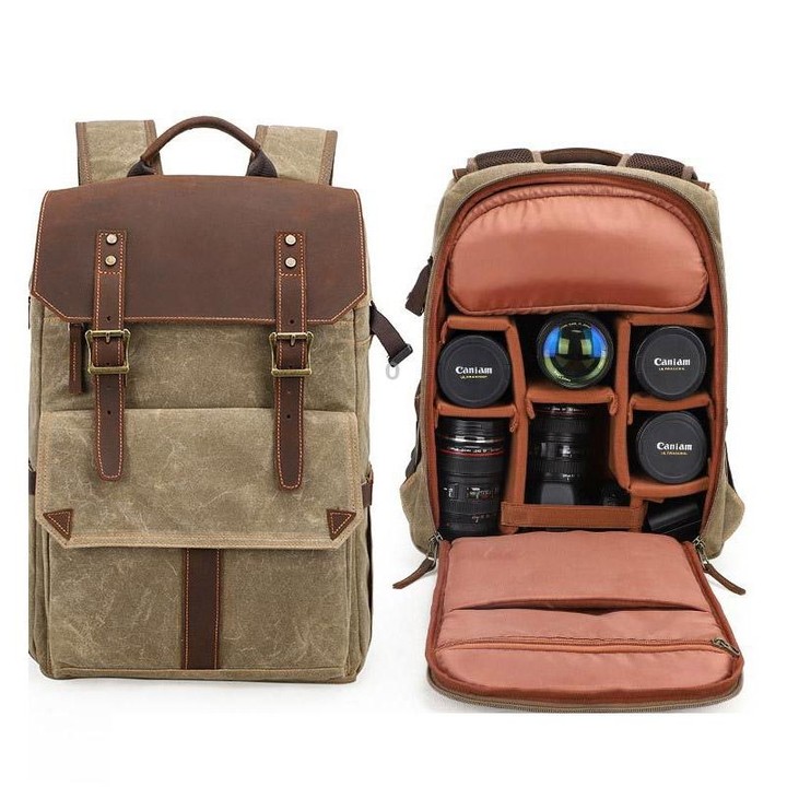 K-011 Outdoor Shoulder Digital Camera Bag Batik Canvas Waterproof Large-Capacity Photography Backpack(Army Green)