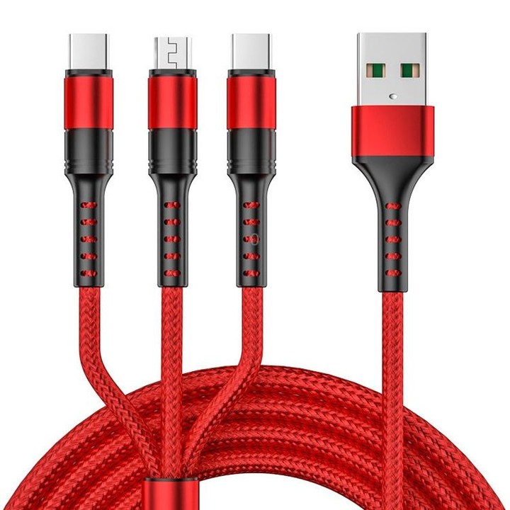 1.25m 3 In 1 USB to 8 Pin+Type-C+Micro USB Quick Charging Sync Data Cable, Output: 3A (Red)