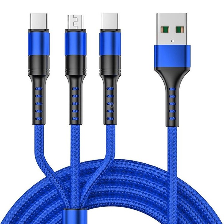 1.25m 3 In 1 USB to 8 Pin+Type-C+Micro USB Quick Charging Sync Data Cable, Output: 3A (Blue)