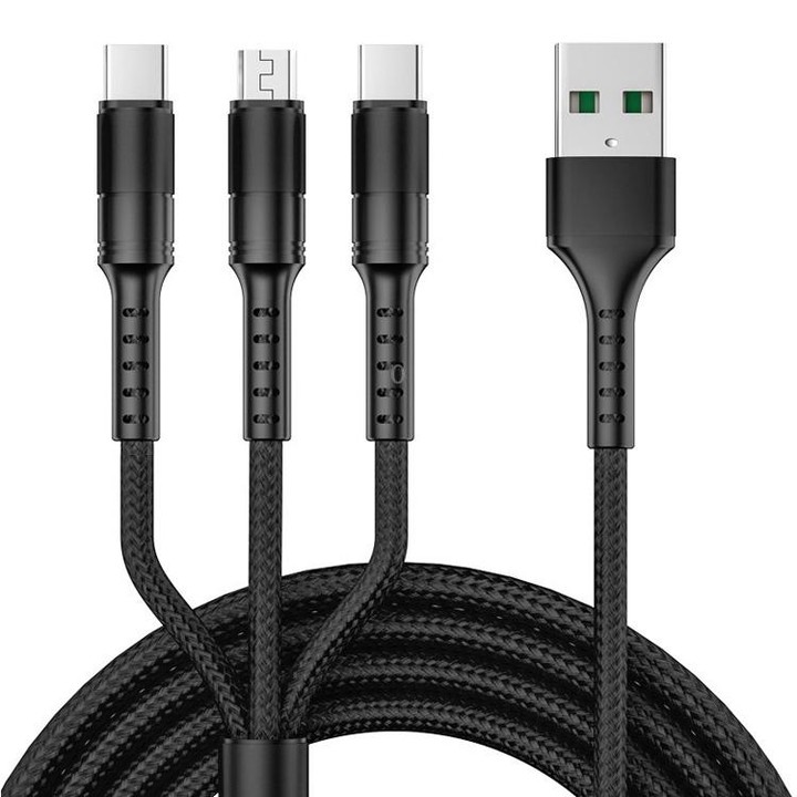 1.25m 3 In 1 USB to 8 Pin+Type-C+Micro USB Quick Charging Sync Data Cable, Output: 5A (Black)