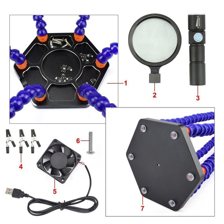 SN6SB-USB Six-Claw LED Lights Welding Station With Magnifying Glass & Fan(Blue)