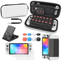 Game Console Crystal Shell Remote Sensing Cap Tempered Film Storage Bag Set For Switch OLED Console White Storage Bag 14 In 1(Ha