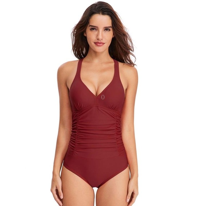 HS18110 Women Belly Cover One-Piece Swimsuit With Chest Pad, Size: XL(Red Wine)