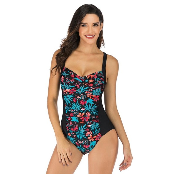 DS02 Ladies Suspender One-Piece Swimsuit With Chest Pad, Size: XL(Black Bottomed Leaf Flowers)