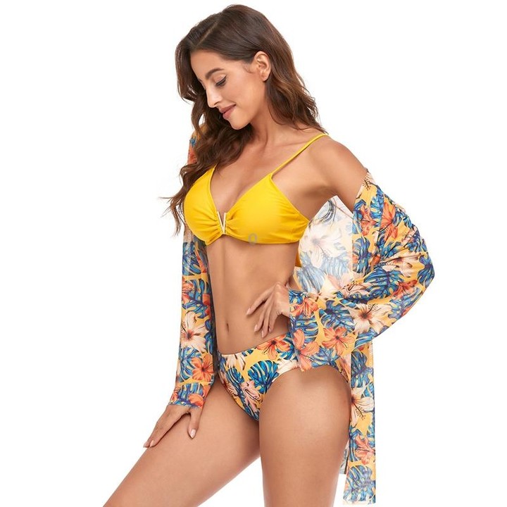 Bikini + Mesh Shawl + Split Swimsuit Women Swimsuit With Chest Pad, Size: S(Yellow)