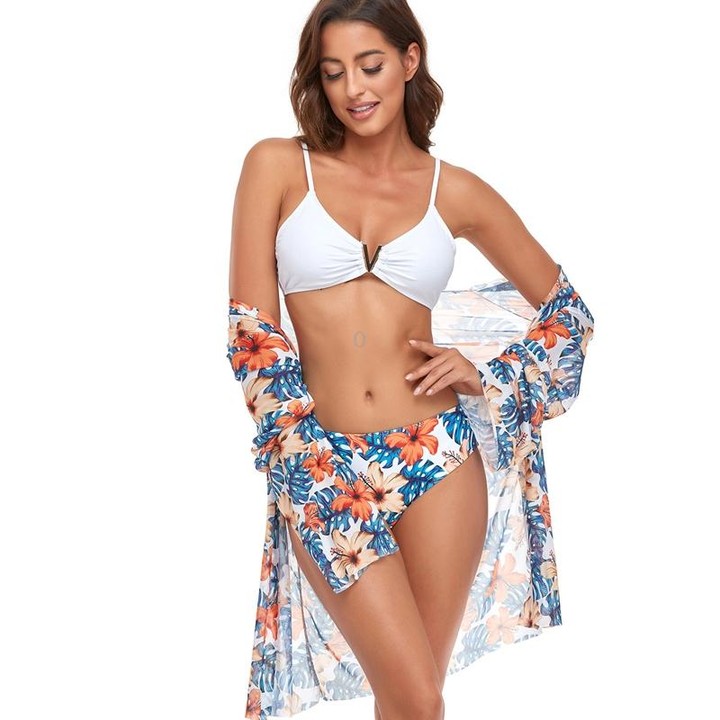 Bikini + Mesh Shawl + Split Swimsuit Women Swimsuit With Chest Pad, Size: S(White Orange Flowers)