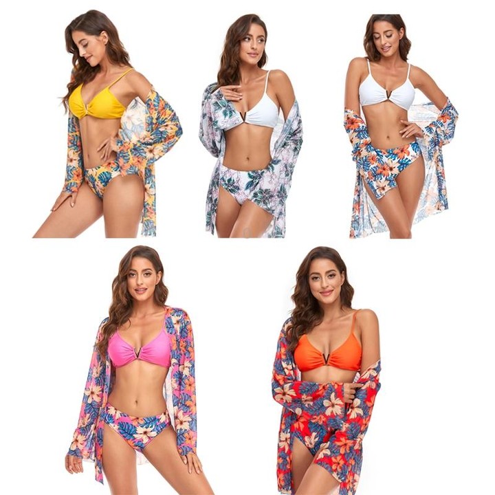 Bikini + Mesh Shawl + Split Swimsuit Women Swimsuit With Chest Pad, Size: S(White Orange Flowers)