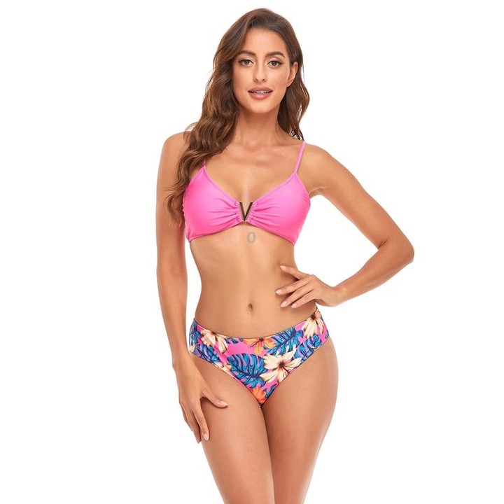 Bikini + Mesh Shawl + Split Swimsuit Women Swimsuit With Chest Pad, Size: L(White Green Flowers)