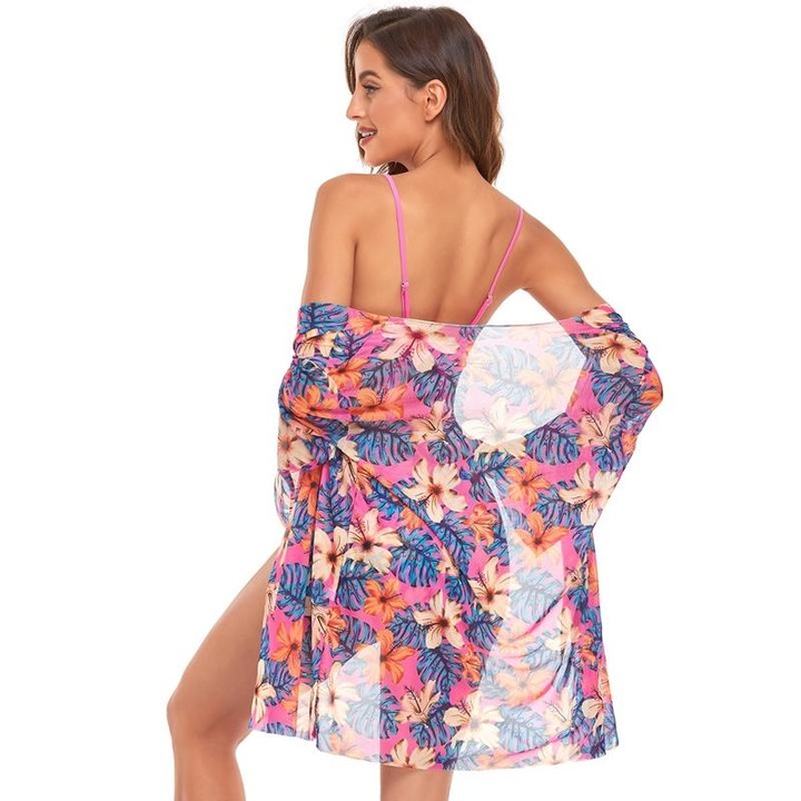 Bikini + Mesh Shawl + Split Swimsuit Women Swimsuit With Chest Pad, Size: L(White Orange Flowers)