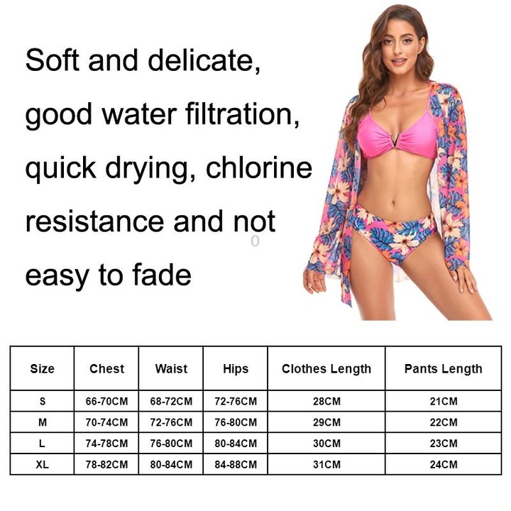 Bikini + Mesh Shawl + Split Swimsuit Women Swimsuit With Chest Pad, Size: L(White Orange Flowers)
