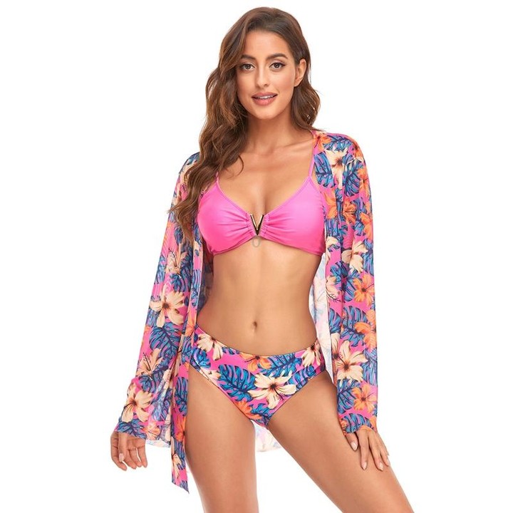 Bikini + Mesh Shawl + Split Swimsuit Women Swimsuit With Chest Pad, Size: L(Pink)