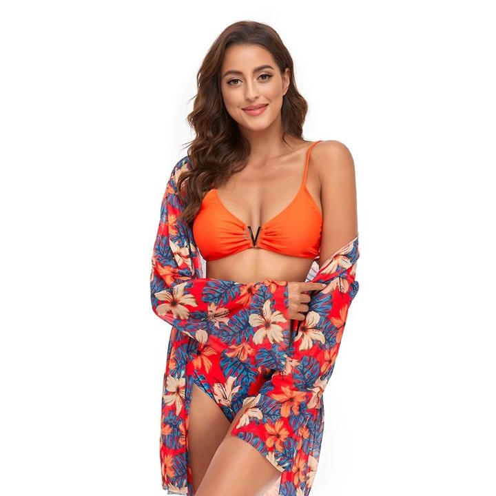 Bikini + Mesh Shawl + Split Swimsuit Women Swimsuit With Chest Pad, Size: L(Orange)