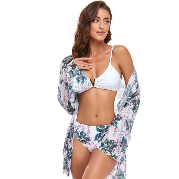 Bikini + Mesh Shawl + Split Swimsuit Women Swimsuit With Chest Pad, Size: XL(White Green Flowers)