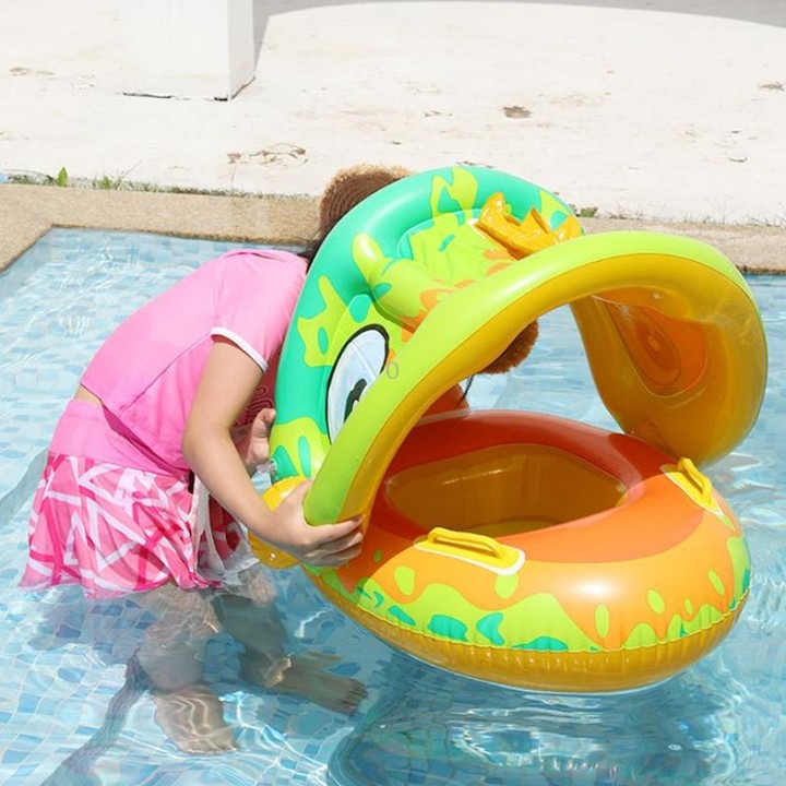 Baby Cartoon Animal Swimming Ring With Awning(Green)