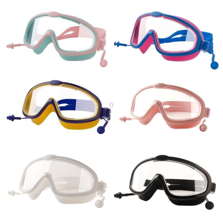 Children Anti-fog Large Frame Swimming Goggles With Conjoined Earplugs(Pink)